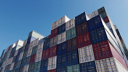 container pile of various color with clear sky, 3drendered image