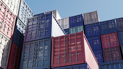 container pile of various color with clear sky, 3drendered image - obrazy, fototapety, plakaty