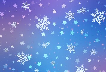 Light Pink, Blue vector pattern with christmas snowflakes, stars.