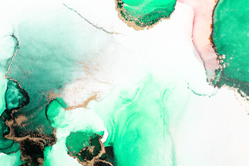 Green gold abstract background of marble liquid ink art painting on paper . Image of original...