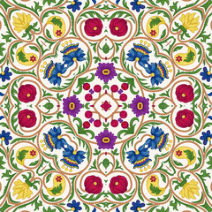 Fantasy flowers in retro, vintage, embroidery style. Seamless pattern, background. Colored vector illustration.