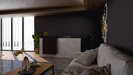 Obraz premium office front desk or receptionist room with wooden design interior