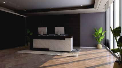 Fototapeta na wymiar office front desk or receptionist room with wooden design interior