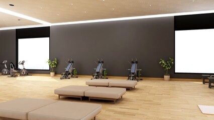 Black blank wall in modern gym interior with wooden floor