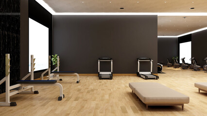 Black blank wall in modern gym interior with wooden floor