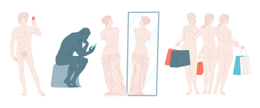 Famous ancient sculptures in modern situations. Vector