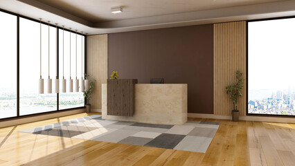 office front desk or receptionist room with wooden design interior