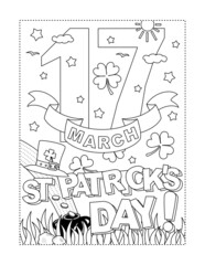 St Patrick's Day 17th March calendar sheet, coloring page, poster, sign or banner black and white activity sheet 
