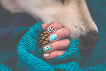 Dog nose sniffing manicured hand. Creative playful nail desing, woman hand holding a pine cone wrapped around knitted sweater. Selective focus on the details, blurred background.