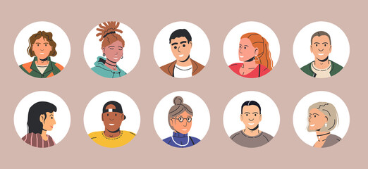 Different People Avatars. Set of Circle User Portraits. Male and Female Characters. Man and Woman in Trendy Outfit. Guys and Girls with Different Hairstyles and Ethnicities. Flat Vector Illustration