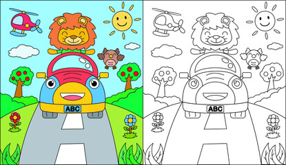 Coloring book or coloring page cartoon lion driving a car