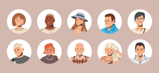 Different People Avatars. Set of Circle User Portraits. Male and Female Characters. Man and Woman in Trendy Outfit. Guys and Girls with Different Hairstyles and Ethnicities. Flat Vector Illustration
