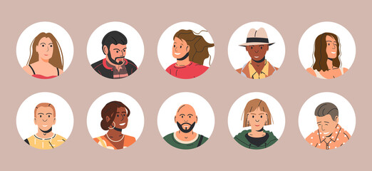 Different People Avatars. Set of Circle User Portraits. Male and Female Characters. Man and Woman in Trendy Outfit. Guys and Girls with Different Hairstyles and Ethnicities. Flat Vector Illustration