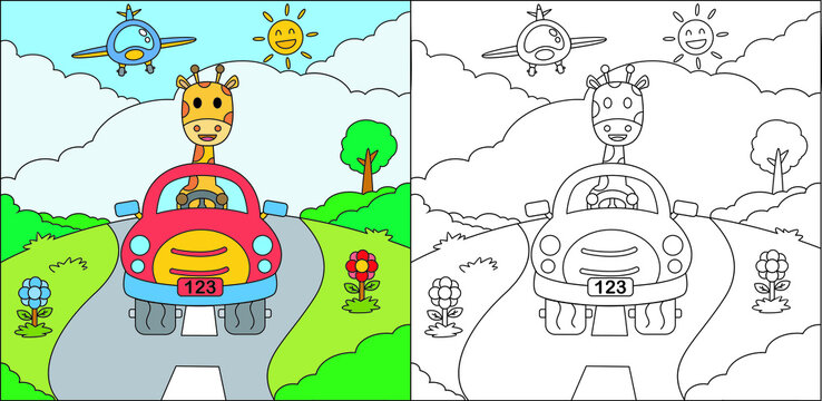 Coloring book or coloring page cartoon giraffe driving a car