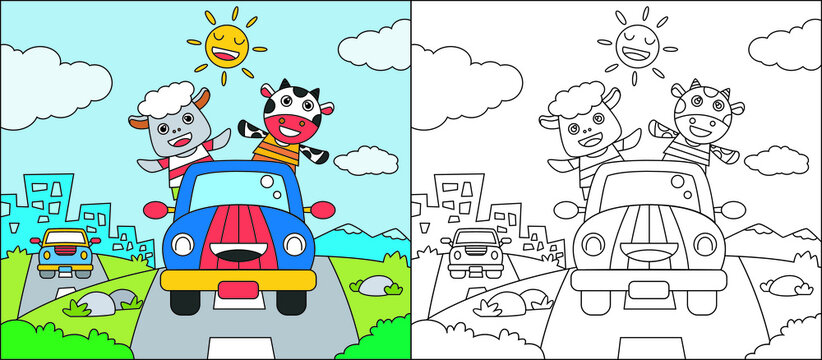 Coloring book or coloring page cartoon cow and sheep driving a car