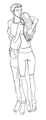 Linear drawing loving couple hugging. Hand drawn sketch linear illustration. Graphic artwork concept of care, relationships, family. Man hugging woman minimalistic line drawing. 