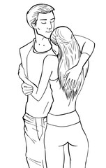 Linear drawing loving couple hugging. Hand drawn sketch linear illustration. Graphic artwork concept of care, relationships, family. Man hugging woman minimalistic line drawing. 