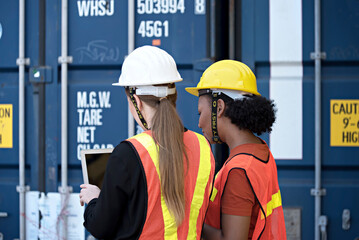 Two female foreperson workers are checking cargo containers at cargo warehouse. 