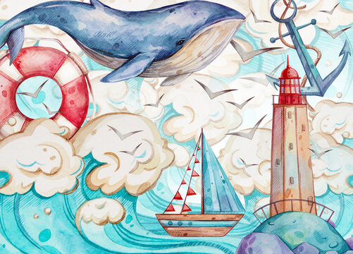 Watercolor hand painted Sea illustration. Blue, sea, whales, wave, anchor, boat. Use it for postcards, invitations, and scrapbooking.