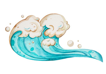 Watercolor hand painted Wave. Blue. Illustration isolated on white background. Use it for postcards, invitations, and scrapbooking.