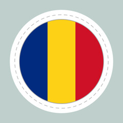 Sticker ball with flag of Romania. Round sphere, template icon. Romanian national symbol. Glossy realistic ball, 3D abstract vector illustration. Big bubble