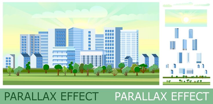 Beautiful cozy town with high-rise buildings and small houses. Country park trees. Cute cartoon style. Solid layers for image folding with parallax effect. Vector