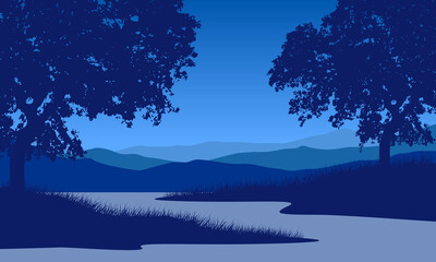 Realistic view of mountains with the lake from a suburb in the cold evening