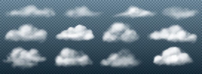Realistic clouds. White transparent cumulus cloudy shapes mockup. Puffy smoke. Heaven evaporation. Overcast weather. Sky precipitation collection. Vector 3D cloudscape elements set