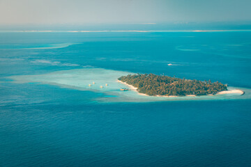 Fantastic aerial landscape, luxury tropical resort or hotel with water villas and beautiful beach...