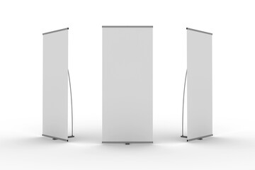 Blank Exhibition Banner Stand arrangement, isolated on a white background. 3D render Illustration.