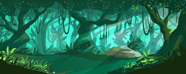  Cartoon forest background. Magic wood with green trees, bushes and sun rays. Woodland panorama. Wild nature. Plant branches with lianas. Fantasy landscape. Vector fairy tale wallpaper © SpicyTruffel