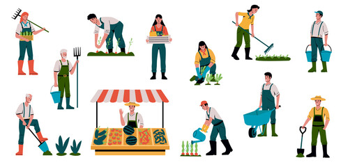 Farmer with vegetables. Agricultural workers in garden. Farmers working with gardening tools. People selling crops and collection harvest. Persons cultivation food. Vector gardeners set - obrazy, fototapety, plakaty