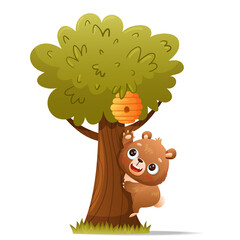 Baby bear climbs a tree for honey from a beehive. Drawn in cartoon style. Vector illustration for designs, prints and patterns. Isolated on white background