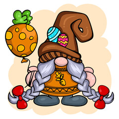 Cute gnome character with eggs for Easter. It's a vector image.