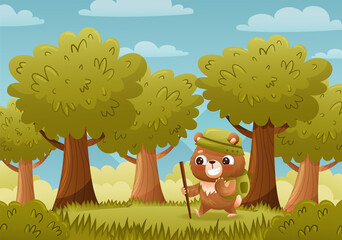 Baby bear in a hat goes hiking with a backpack and a stick. Sky, clouds, trees, bushes, grass on the background. Drawn in cartoon style. Vector illustration for designs, prints and patterns.