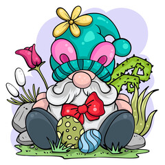 Cute gnome character with eggs for Easter. It's a vector image.