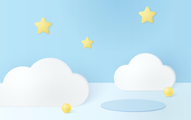 3D blue sky background with stars, clouds and a product podium.