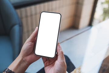 Mockup image of a woman holding and using mobile phone with blank desktop screen