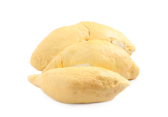 Pieces of fresh ripe durian on white background