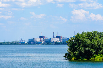 Smoke pipes and buildings of Zaporizhzhia Nuclear Power Station near the city Enerhodar, Ukraine