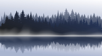 Vektorgebirgswaldhintergrundbeschaffenheit, Schattenbild des Nadelwaldes, Vektor. Saisonbäume am See, Spiegelung im Wasser Fichte, Tanne. Horizontale Landschaft.
