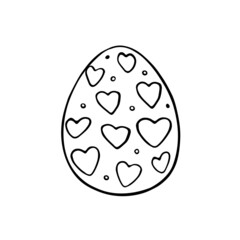 Vector black outline easter egg with hearts. Holiday illustration in hand drawn doodle style for gift card certificate banner sticker, stamp, logo, icon label, coloring book page