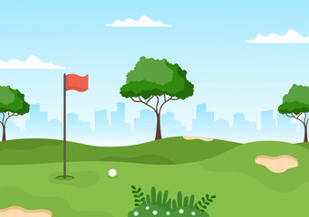 Playing Golf Sport with Flags, Sand Ground, Sand Bunker and Equipment on Outdoors Yard Green Plants in Flat Cartoon Background Illustration