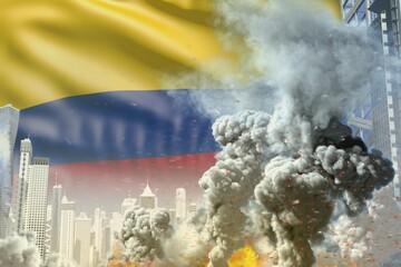 large smoke pillar with fire in abstract city - concept of industrial disaster or act of terror on Colombia flag background, industrial 3D illustration
