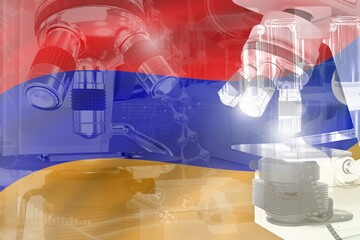 Microscope on Armenia flag - science development conceptual background. Research in cell life or genetics, 3D illustration of object