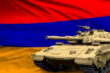 Heavy tank with fictional design on Armenia flag background - modern tank army forces concept, military 3D Illustration