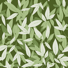 Hand drawn vine plant in light green on a dark background  seamless pattern of leaves in layers with shadows in a floral nature vector design.