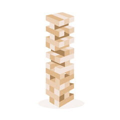 Jenga game. Wooden cubes block puzzle. Brick element tower. Sketch vector illustration