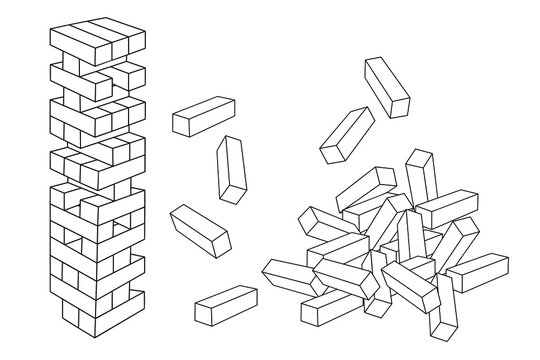 Jenga game. Wooden cubes block puzzle. Brick element tower and collapsed pile. Sketch vector illustration