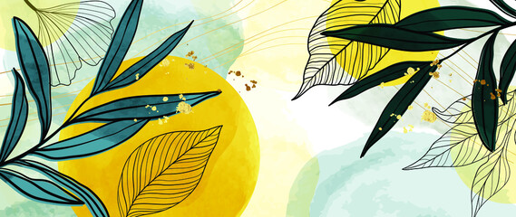 Luxury foliage and botanical background. Richness watercolor wallpaper of ginkgo, eucalyptus leaves, tropical leaf and gold wave line. Yellow circle sun design for banner, prints, wall art, decor. © TWINS DESIGN STUDIO
